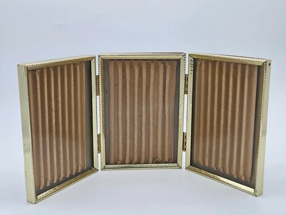 Vintage 1950s 1960s Gold Tone Metal Triple Hinged Picture Frame Trifold Tabletop